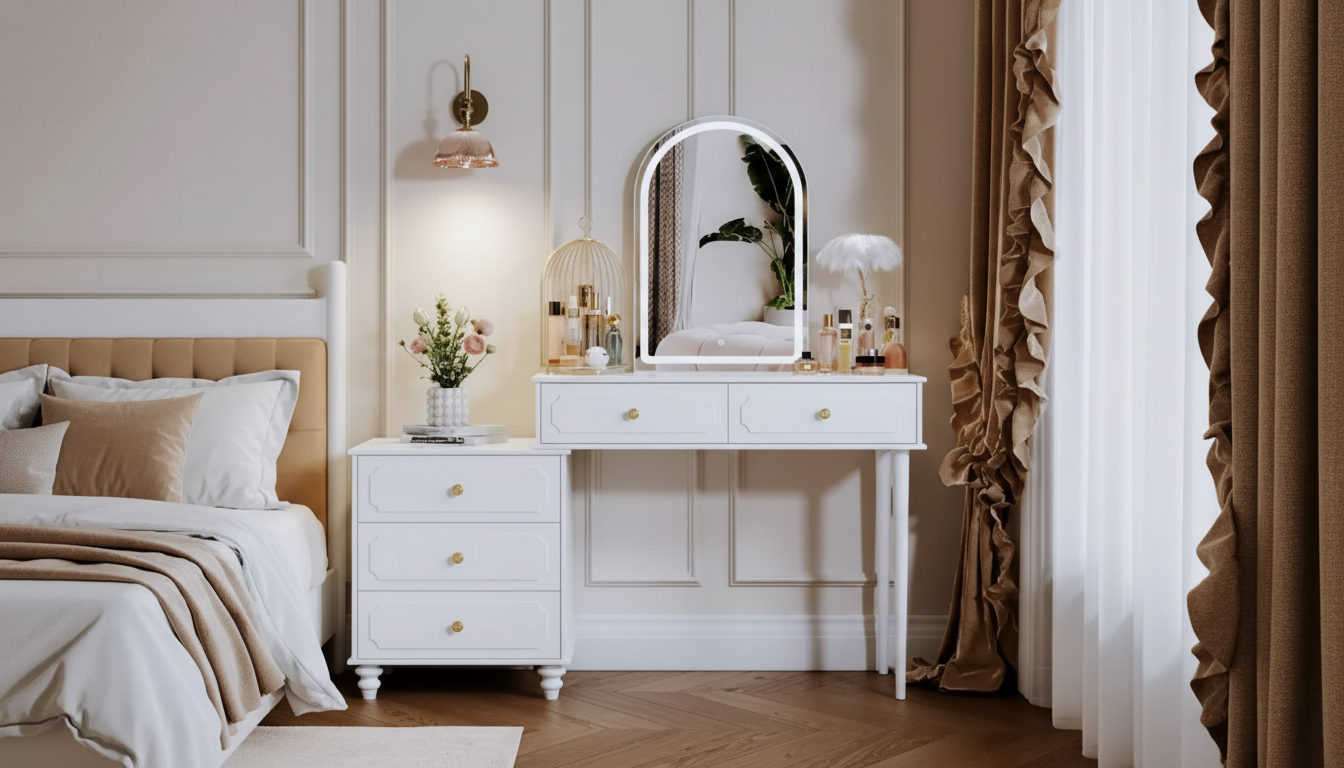 Modern Vanity Desk: Lighted Mirror + Built-In Power