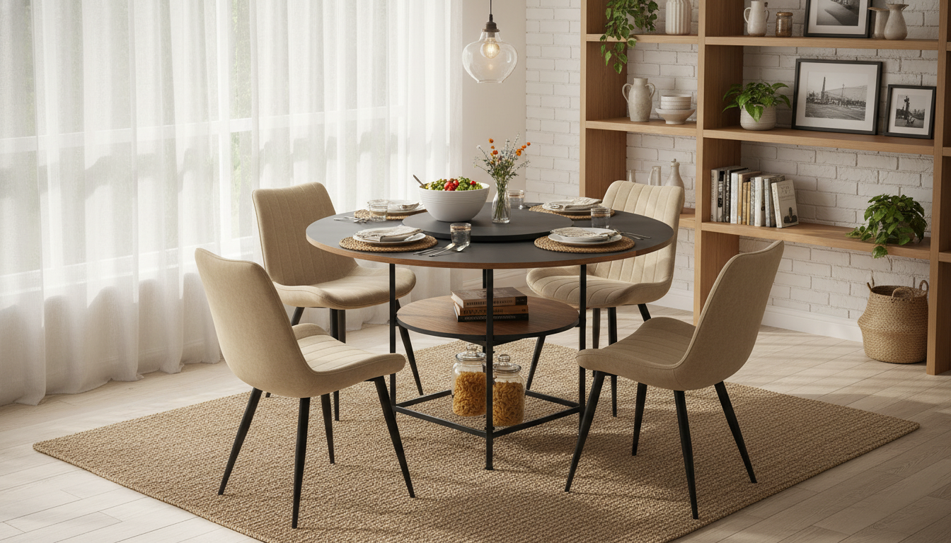 47.2" Round Farmhouse Dining Table for 4 with Shelf