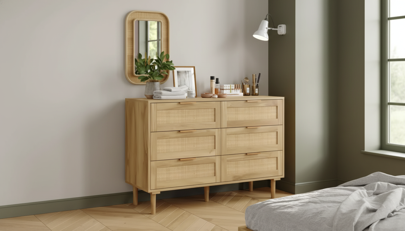 6-Drawer Rattan Dresser: Wood Frame & Gold Handles