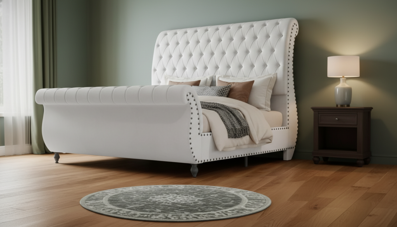 Queen Velvet Sleigh Bed Frame With Scroll Headboard