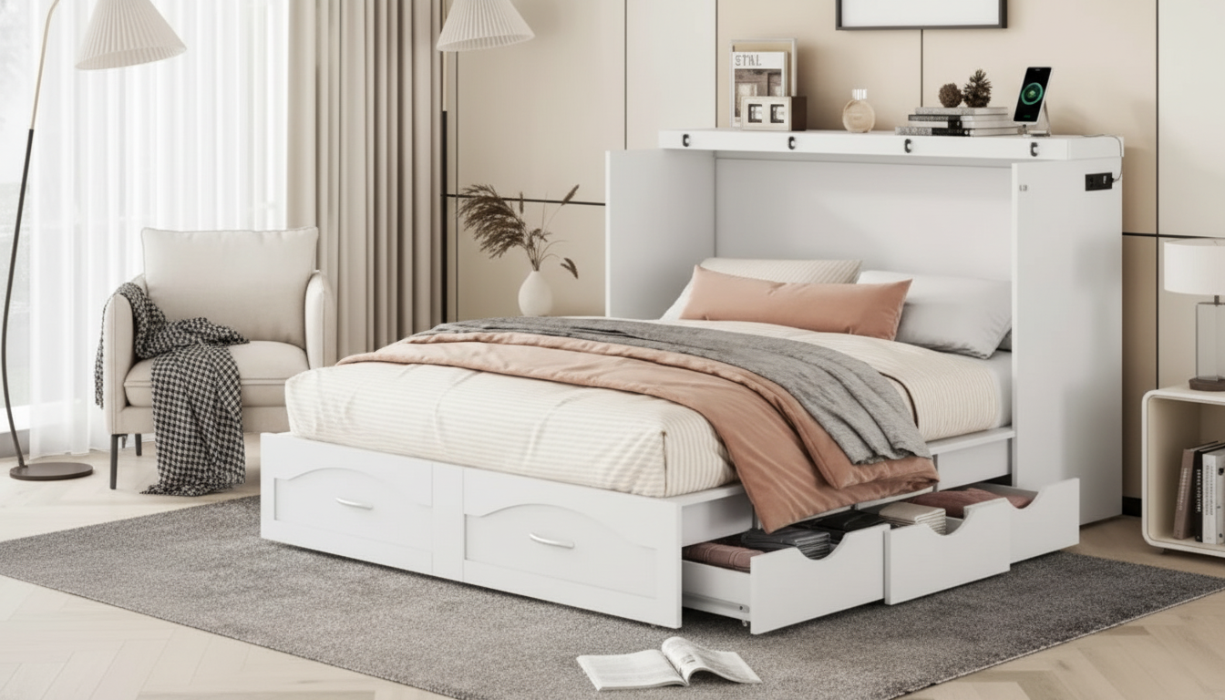 Transformable Murphy Wall Bed: Full-to-Queen + USB