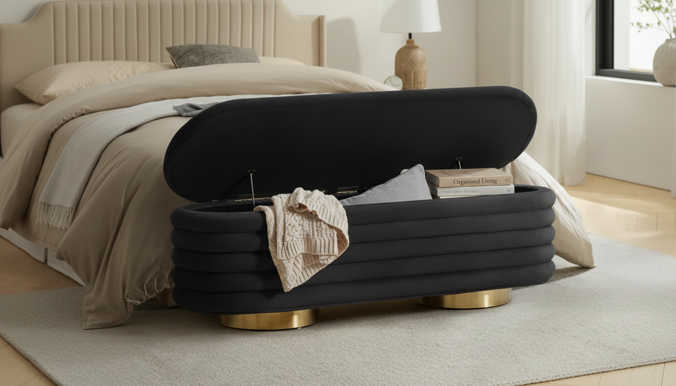 Tufted Velvet Storage Ottoman Bench with Gold Legs